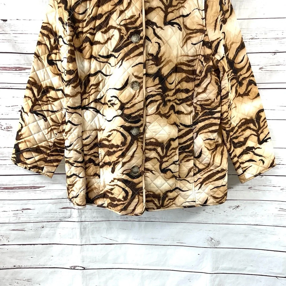 Chico's Jacket Women’s 4 US 20/22 Brown Tiger Prints Quilted Pockets Long Sleeve